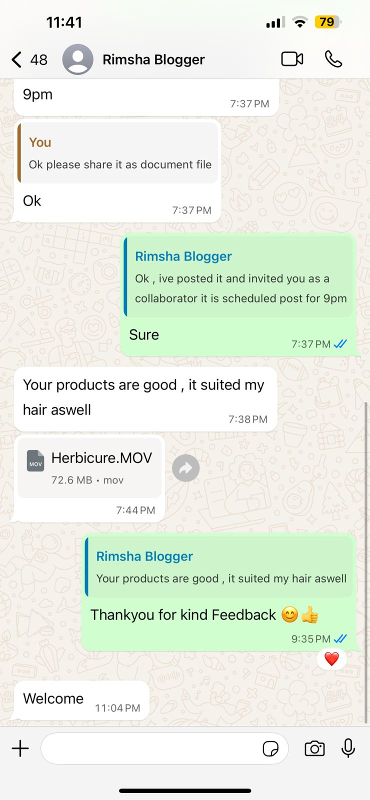 Customer review on WhatsApp